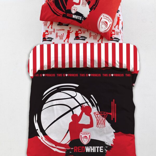 Σετ Σεντόνια Μονού Κρεβατιού Official Team Olympiacos B.C. 170x260 OLYMPIACOS BC9 από ύφασμα 100% βαμβάκι digital print 144 κλωστών ανά τ. ίντσα. Το κατωσέντονο με λάστιχο έχει διαστάσεις 110x200+30.